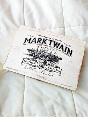 Mark Twain Riverboat Empty Cedar Wood Cigar Box White Cream Cottagecore Decor